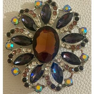 Large Vintage Style Amber Rhinestone Flower Brooch Statement Pin AB Crystal 2.5”